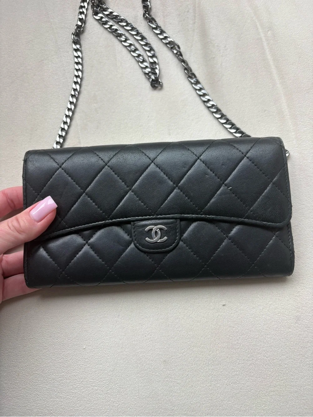 AUTHENTIC CHANEL GUSSET FLAP  BLACK QUILTED LEATHER WALLET ON CHAIN